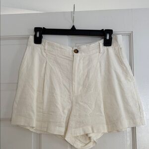 High-Rise Cream Pleated Bermuda Shorts